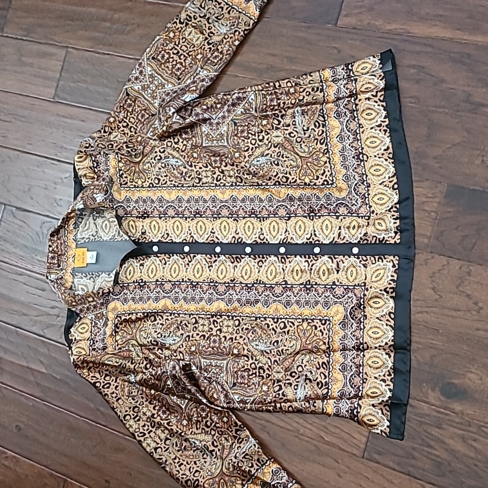 Ruby Rd Black & Gold Patterned Button-Up Blouse W… - image 1